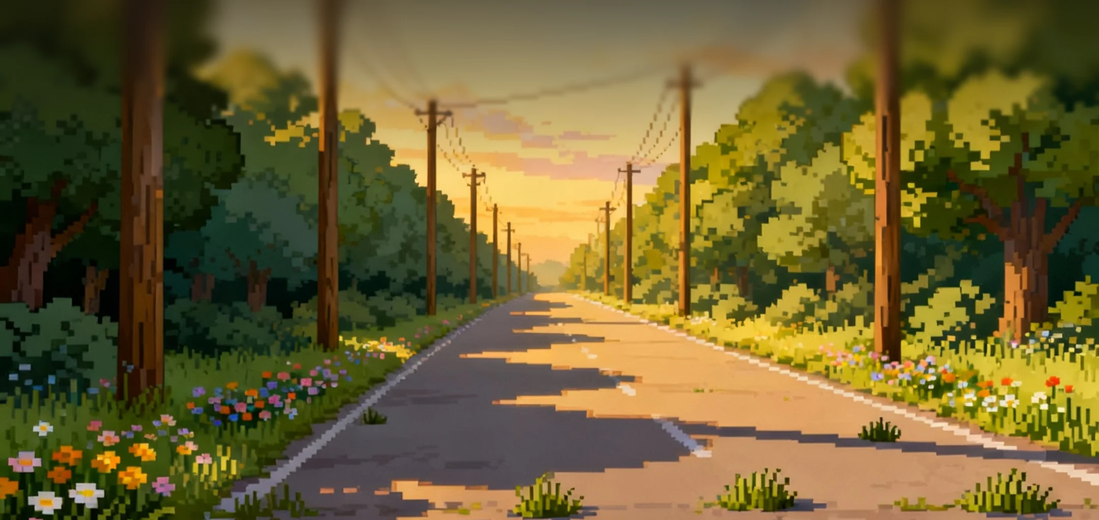 Pixel art of a rural road lined with trees, flowers, and utility poles under a sunset sky.